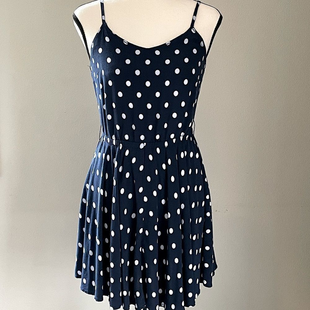 Aeropostale Dark Blue and White Polka-Dot Strappy, Fit and Flare Dress. Size S.